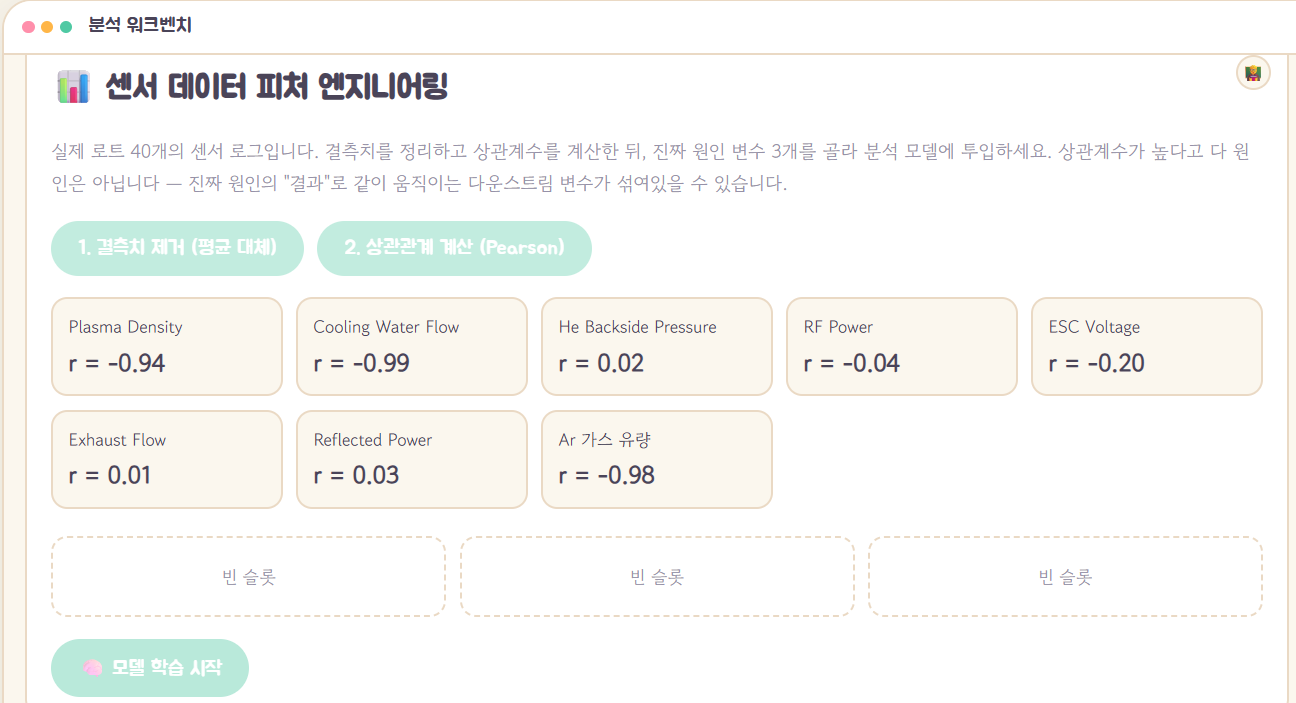 센서 데이터 상관관계 분석 업무 화면