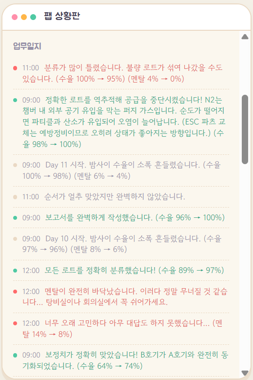 업무일지 — 판단마다 쌓이는 수율·멘탈 변화 로그